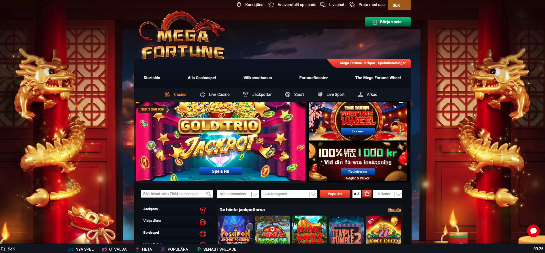 Mega Fortune casino med stort spelutbud, jackpottspel, live casino och sport