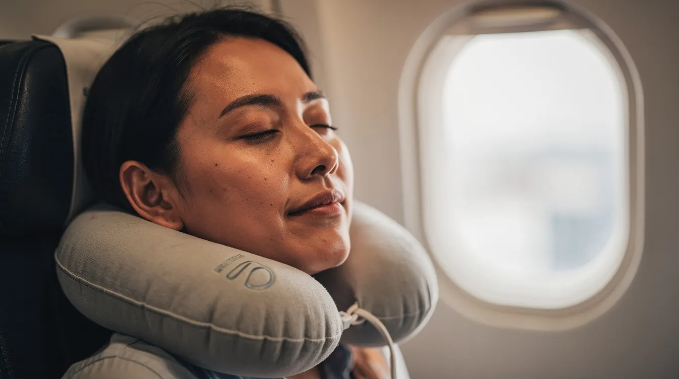 A close-up image shows a person comfortably resting their head on a soft travel neck pillow, designed with a memory foam core for ergonomic support during a flight. The pillow appears plush and inviting, perfect for ensuring the traveler's comfort while keeping the pillow hygienic and fresh for the next journey.