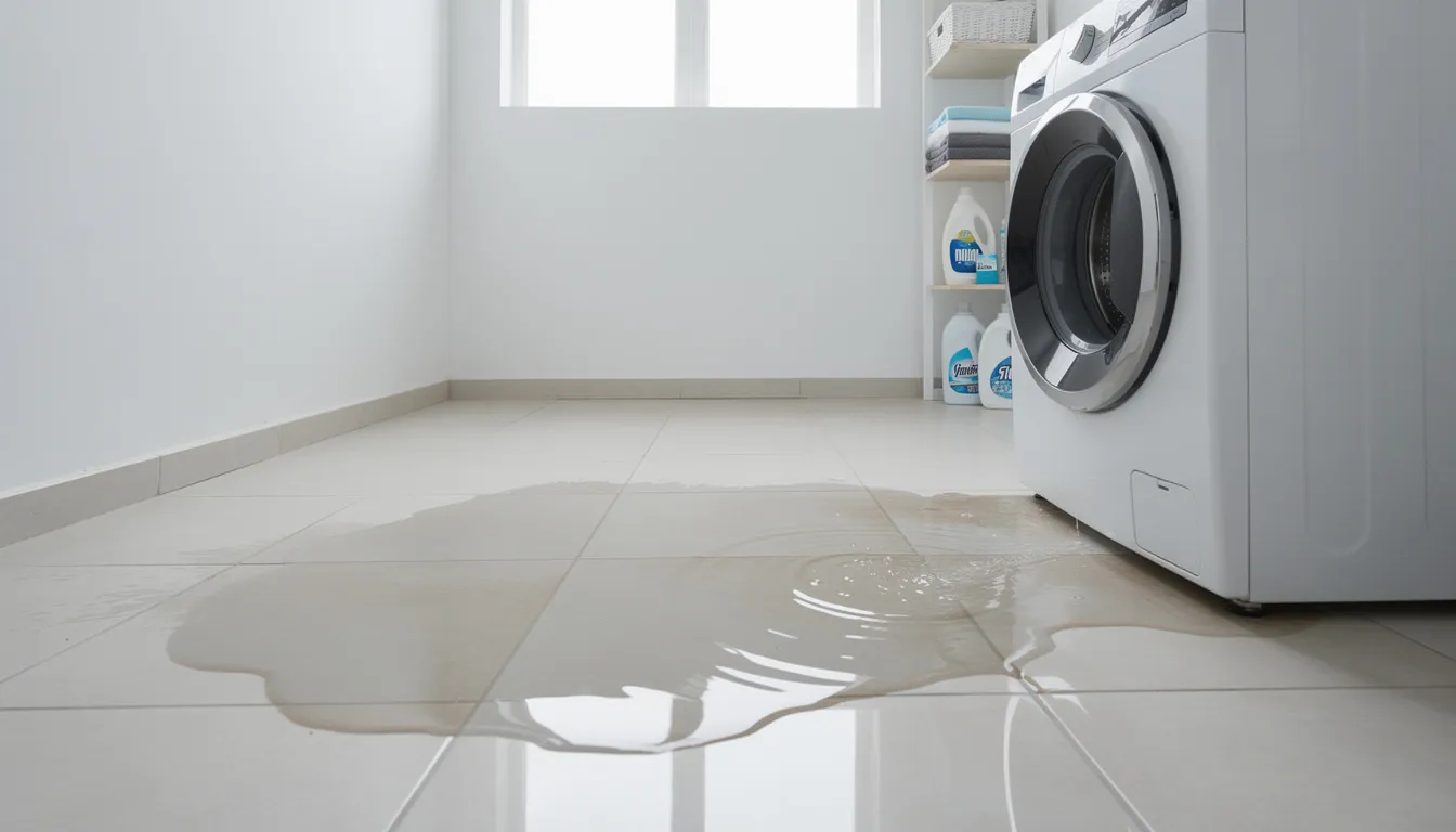 The image shows water pooling on the floor of a laundry room near a washing machine, indicating a potential appliance leak or burst pipe issue. This standing water poses a risk for mold growth and may require immediate water damage restoration services to minimize further damage and ensure proper cleanup.