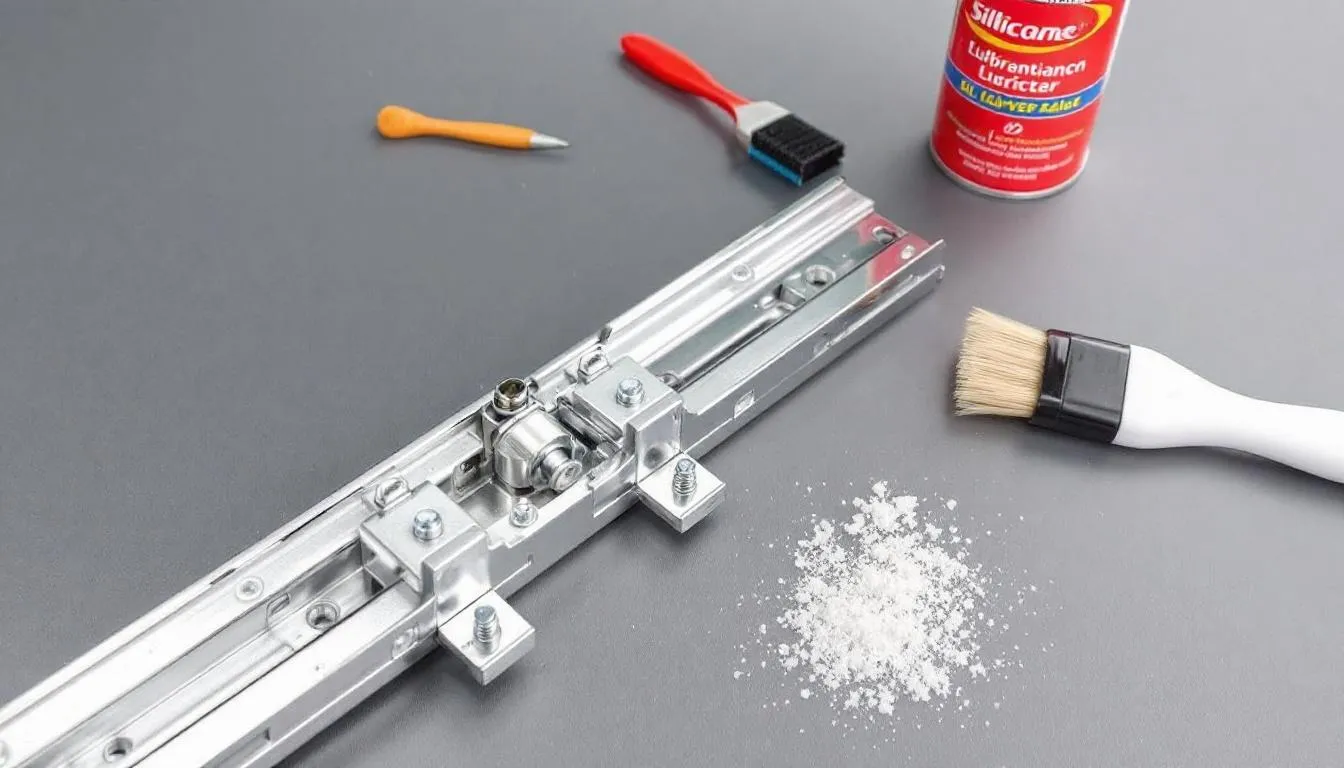 The image shows a close-up view of drawer slides and hardware being maintained, highlighting the intricate details of the mechanisms that allow easy access to bedroom drawers in furniture like dressers and chests of drawers. This maintenance ensures the practical storage solutions function smoothly, enhancing the overall style and utility of the living space.