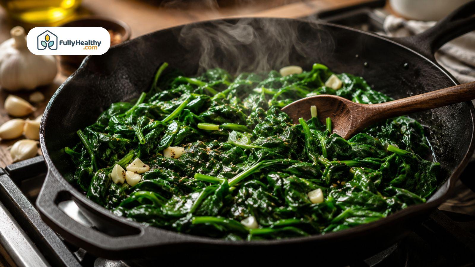 Sauteed spinach cooking in a cast-iron skillet with garlic and olive oil in a home kitchen.