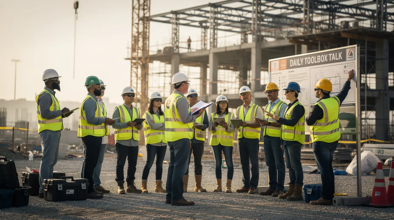 A diverse group of construction professionals is gathered for a safety meeting on a commercial construction site, discussing essential strategies for ensuring safety and promoting a strong safety culture within the construction industry. Their collaboration highlights the importance of teamwork and training in fostering a successful and inclusive work environment.