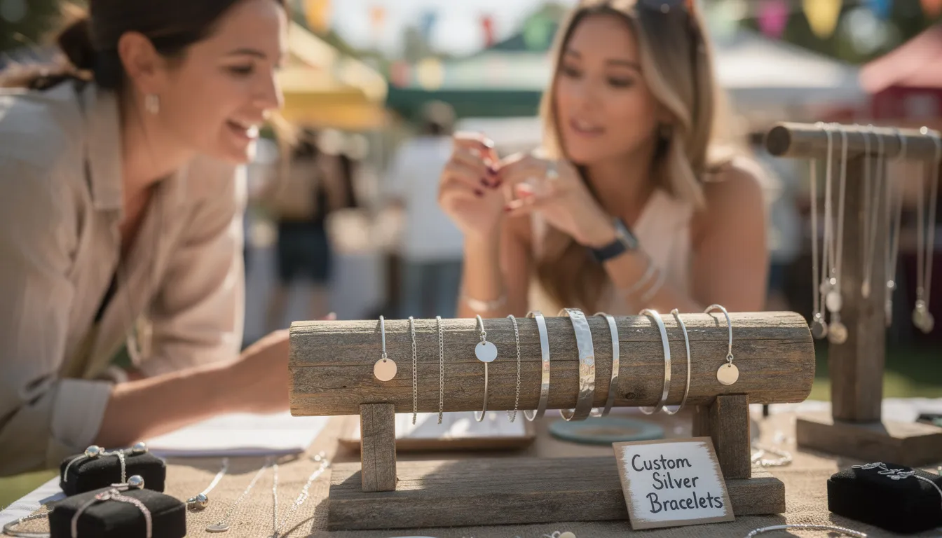 The image features a collection of customizable silver handmade bracelets, including hammered silver bangles and statement pieces, displayed at a craft fair. Artisans showcase their unique designs, inviting visitors to choose from various sizes and styles for a perfect fit that suits their personal style.