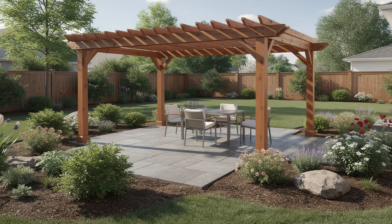 The image depicts a serene outdoor space featuring a backyard patio made of stone pavers, complemented by a wooden pergola. Surrounding the patio are well-maintained garden beds filled with vibrant shrubs, creating an inviting atmosphere for relaxation and outdoor living.
