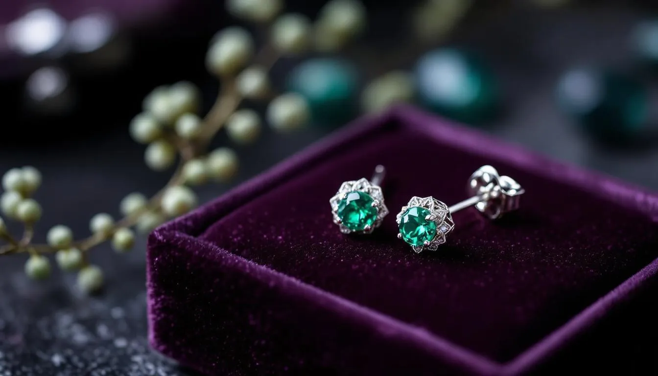 The image features a stunning pair of elegant emerald earrings displayed on a luxurious velvet jewelry tray, showcasing their rich green color and exquisite craftsmanship. This beautiful piece of emerald jewellery adds a touch of sophistication, making it a perfect gift for any occasion.