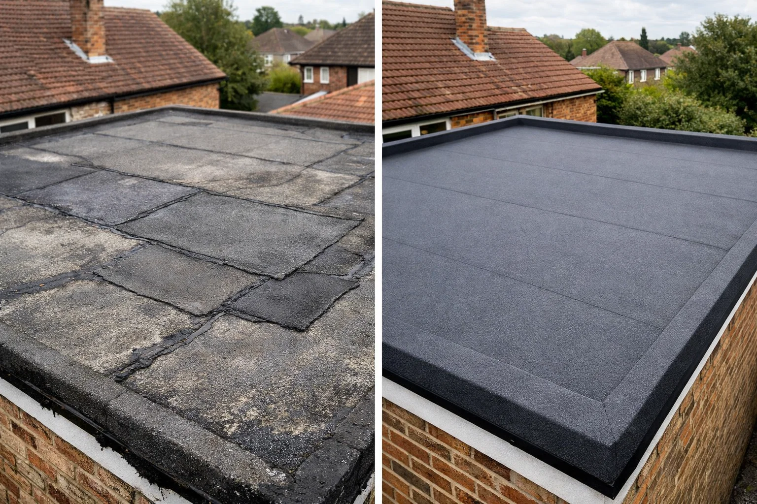 Comparison between a repaired felt flat roof and a newly replaced felt roofing system on a UK property.