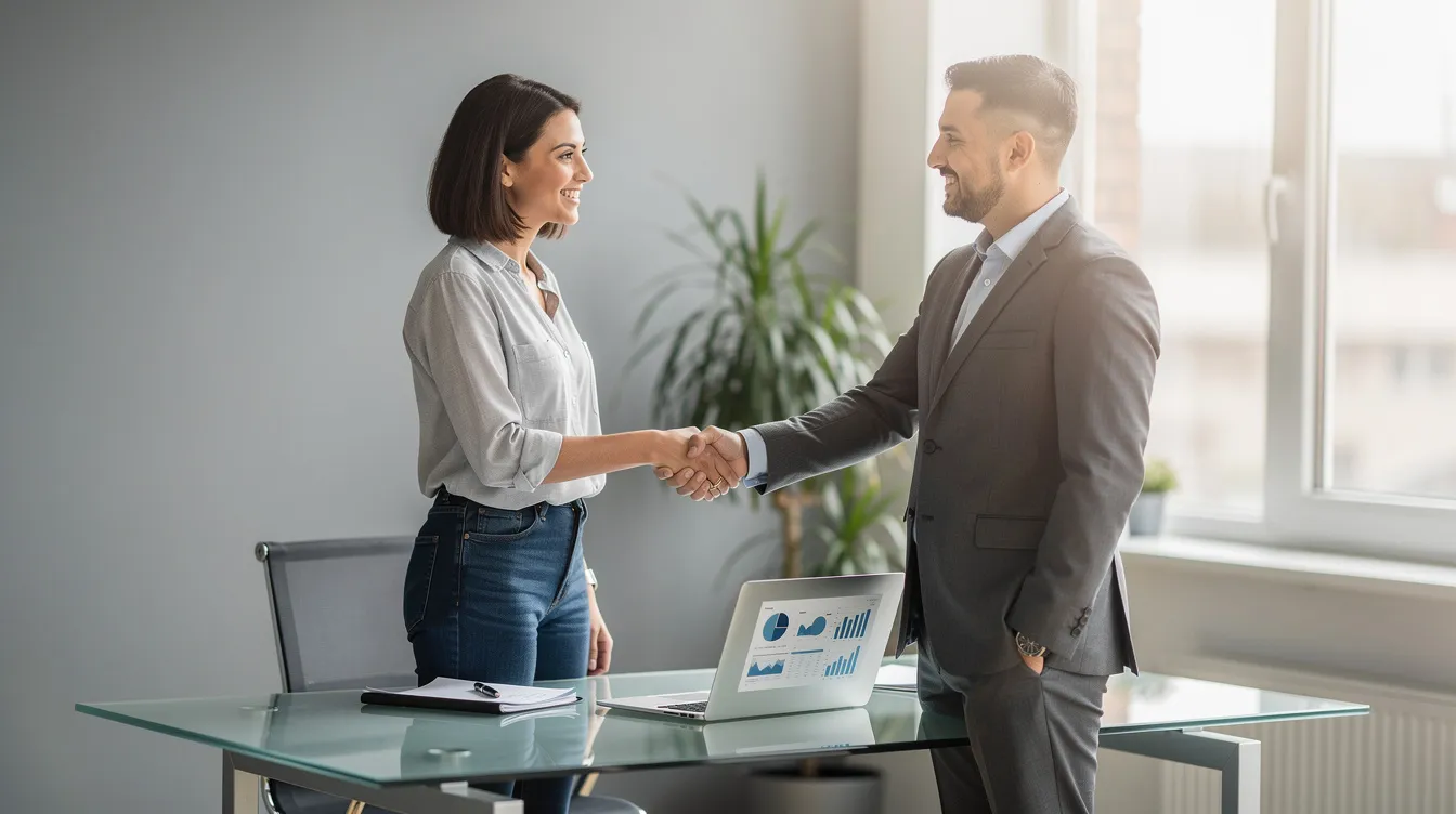 The image shows a small business owner and a financial advisor shaking hands in a modern office setting, symbolizing a partnership focused on developing a business plan for poha manufacturing. This interaction highlights the importance of financial guidance in the food processing industry, particularly in managing project feasibility and investment opportunities.