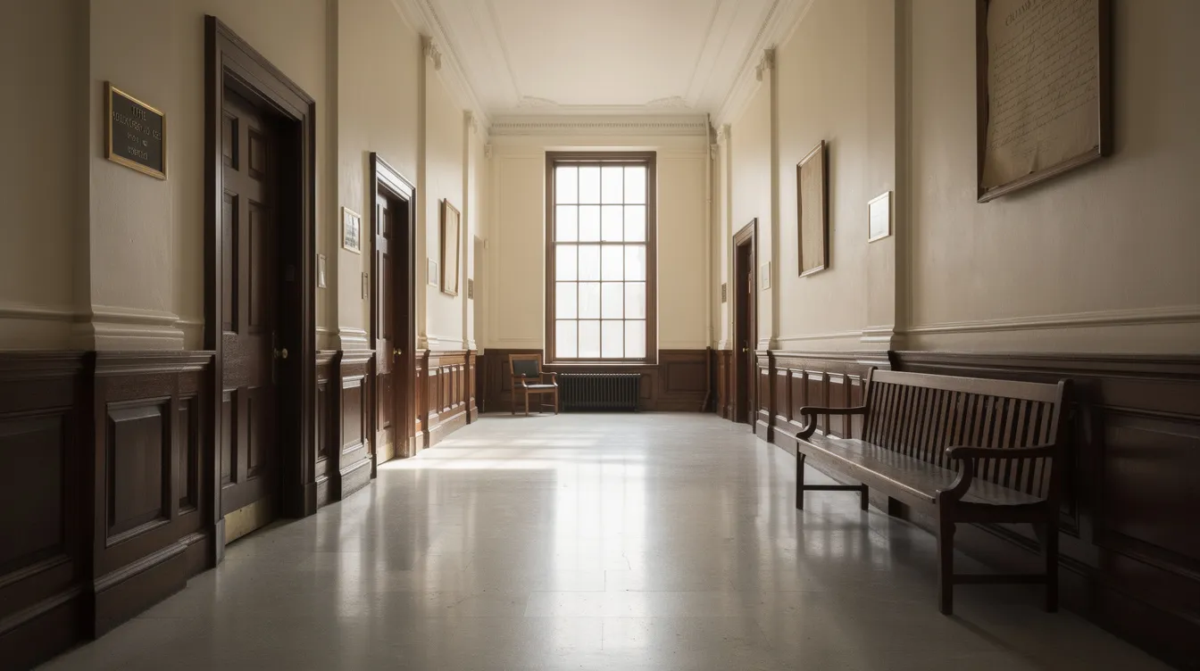 The image depicts a serene courthouse hallway illuminated by natural light, with polished floors and simple decor, creating a calm atmosphere. This setting may evoke thoughts of legal proceedings, including burn injury lawsuits, where burn victims seek justice for their serious injuries and medical expenses.