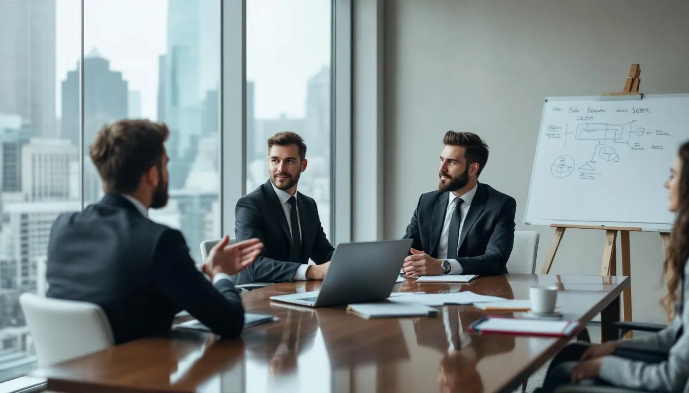 En la imagen se observa una reuni&oacute;n de negocios donde un grupo de ejecutivos de empresas de seguridad discuten con clientes potenciales sobre servicios de protecci&oacute;n y vigilancia, destacando su compromiso con la responsabilidad y la prevenci&oacute;n de riesgos en diversos sectores. El ambiente refleja un enfoque en la tranquilidad y la evaluaci&oacute;n de requisitos para establecer alianzas efectivas.