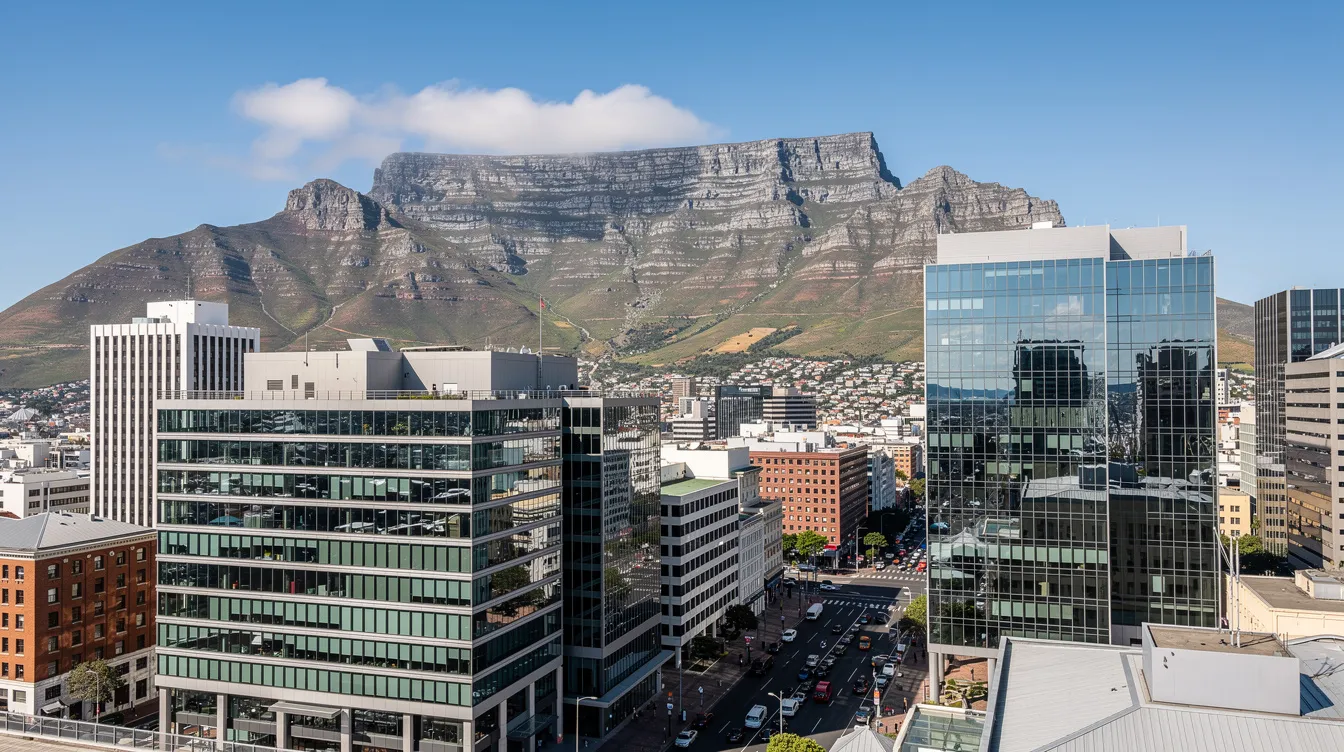 The image depicts the vibrant cityscape of Cape Town, showcasing modern office buildings in the foreground with the iconic Table Mountain rising majestically in the background. This scene reflects the blend of urban development and natural beauty typical of South Africa, emphasizing the importance of protecting personal information and ensuring compliance with the POPI Act in business practices.