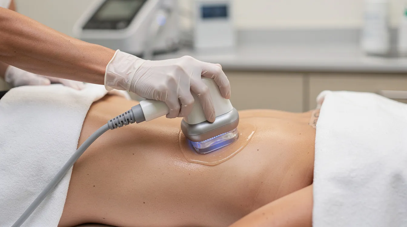 A close-up image shows a provider using a radiofrequency body contouring device on a patient's abdomen in a clinical treatment room, highlighting the advanced technology used for non-surgical body sculpting and skin tightening. This treatment aims to reduce stubborn fat and improve skin tone, contributing to effective body contouring results.