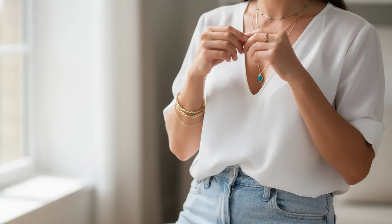 The image showcases a stylish arrangement of turquoise jewelry, including a vibrant turquoise necklace paired with delicate gold chains, accentuating both casual and formal outfits. The combination of turquoise and gold creates a striking contrast, highlighting the elegance of this versatile jewelry collection.