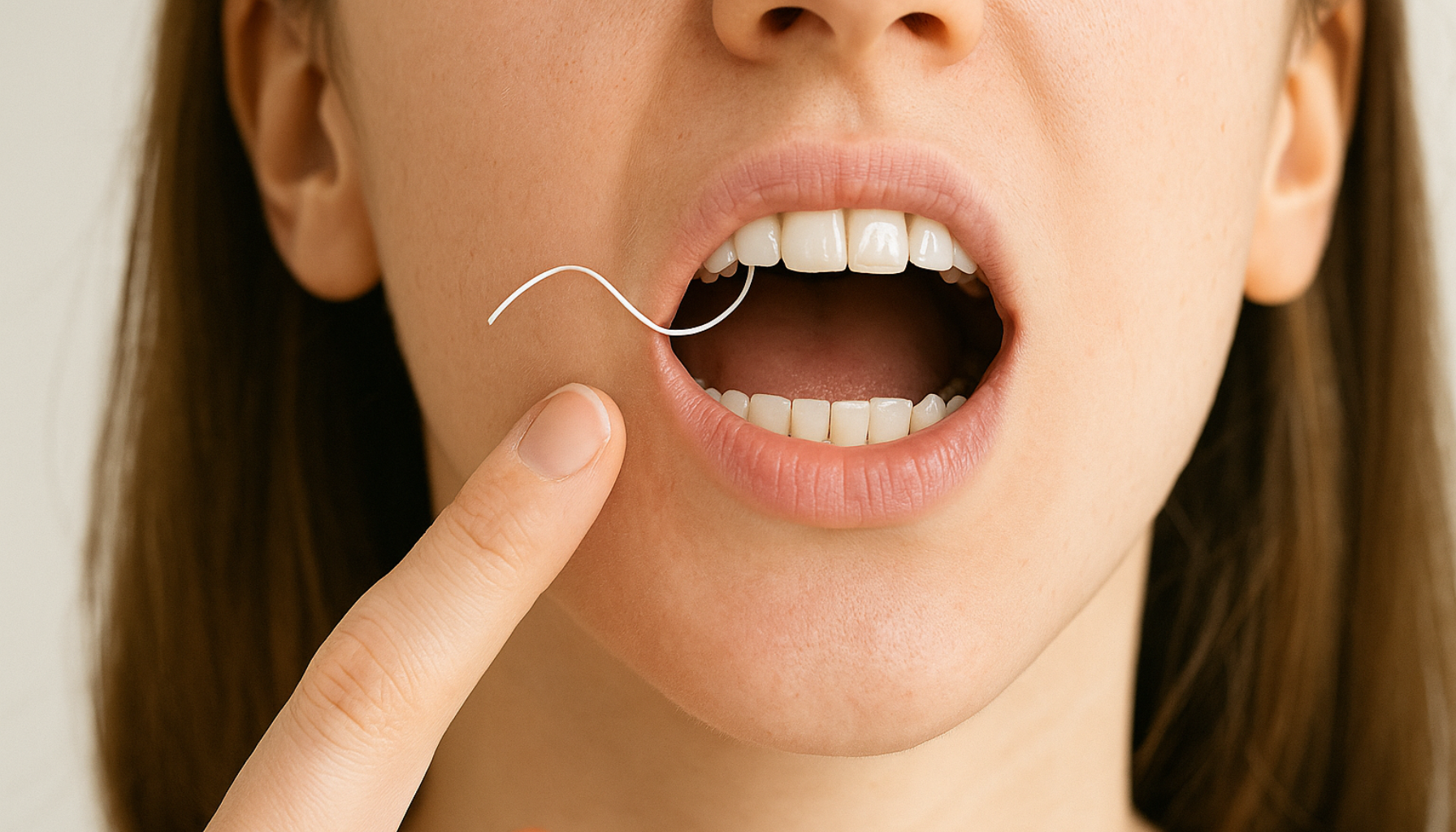 Nærbilde av munn med løs streng bak tennene, finger peker mot problemet for å vise skade.