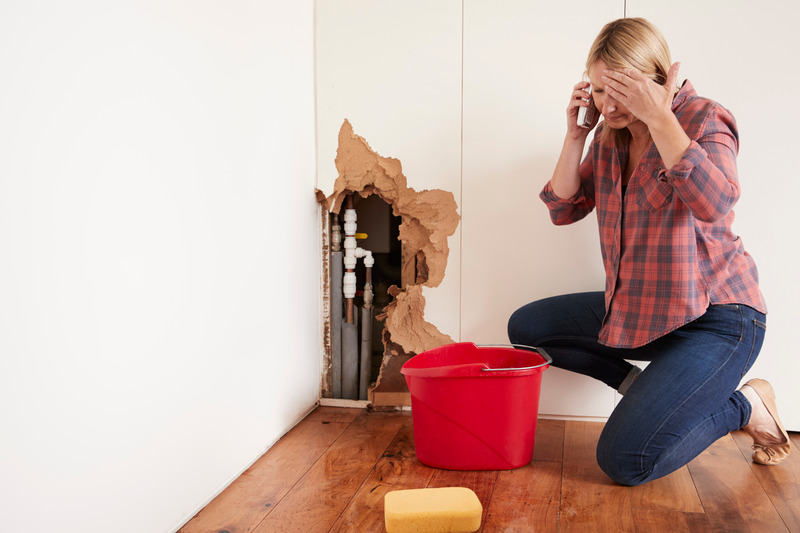 Eine besorgte Frau telefoniert neben einer undichten Stelle in der Wand mit einem Eimer auf dem Boden.
