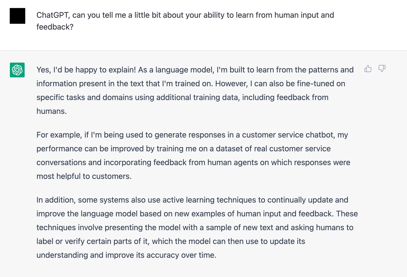 ChatGPT response to a question about its ability to learn from human input and feedback