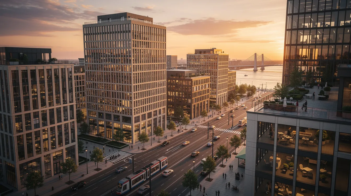 The image shows an aerial view of a modern European city at sunset, featuring sleek glass office buildings reflecting the warm hues of the sky. This vibrant urban landscape highlights the advanced infrastructure that supports various industries, including technology and hosting providers, essential for businesses utilizing services like managed VPS hosting and virtual private servers.