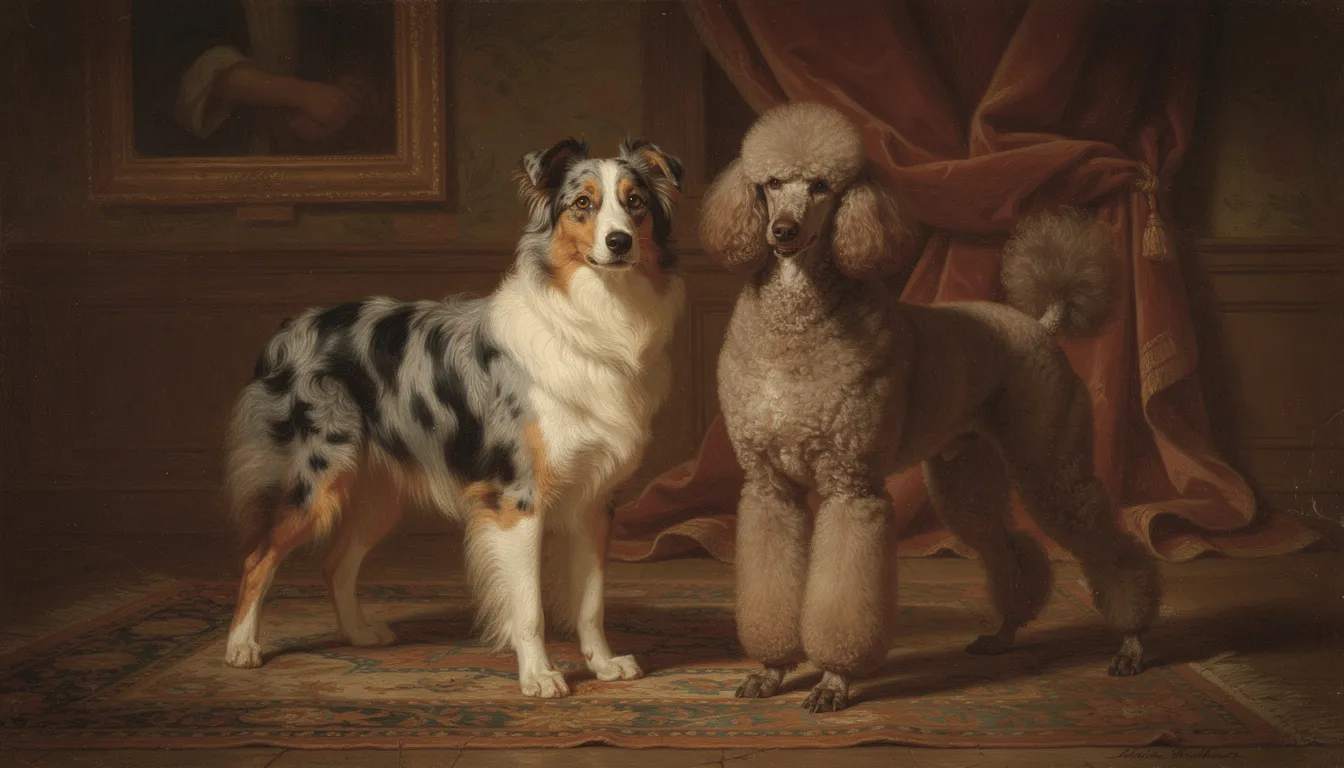 The image depicts an Australian Shepherd and a Poodle standing side by side, showcasing the parent breeds of the highly intelligent and active Aussiedoodle. Both dogs exhibit their unique traits, with the Australian Shepherd's herding instincts and the Poodle's curly coat, symbolizing the blend that results in this designer breed.