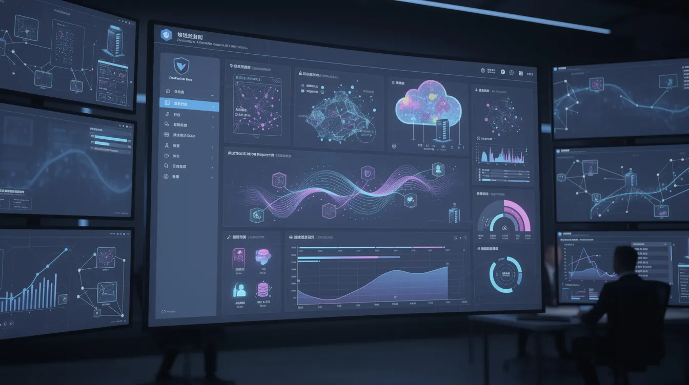 The image depicts a horizontal illustration of a security operations dashboard, showcasing real-time monitoring of network traffic, device activity, and authentication requests in a dark digital environment. AI-driven analytics highlight suspicious behavior, emphasizing the principles of zero trust security as security teams manage access control and protect sensitive data across servers and cloud systems.