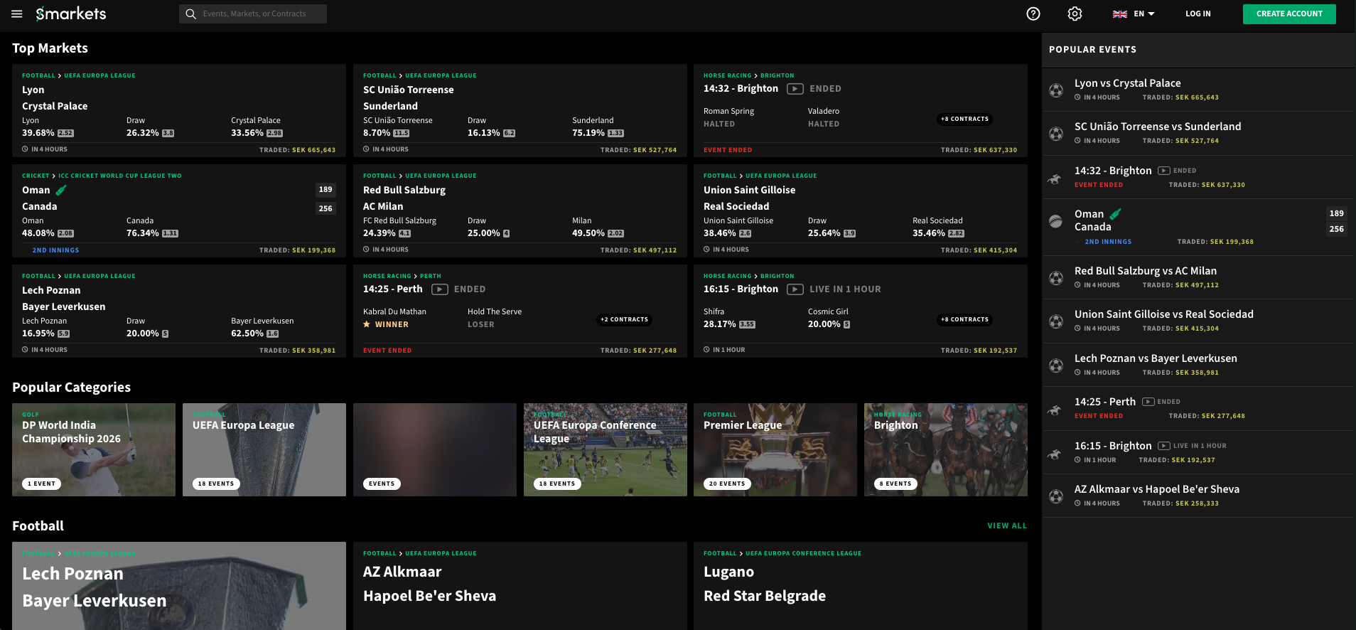 Smarkets betting exchange displaying football markets, horse racing events, market probabilities and trading prices.