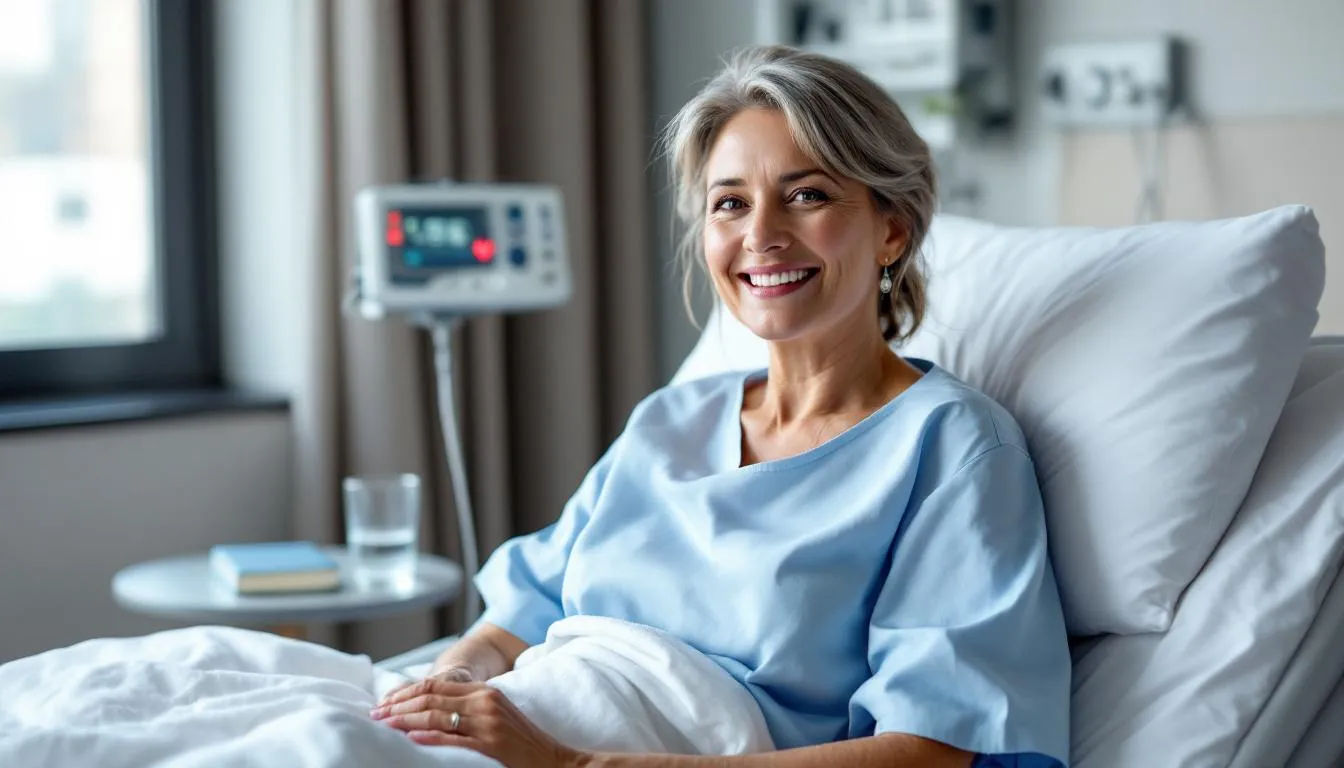 The image shows a patient resting comfortably in a recovery room after undergoing breast implant revision surgery, with visible bandages on their chest. The atmosphere conveys a sense of calm and healing following the breast revision procedure.