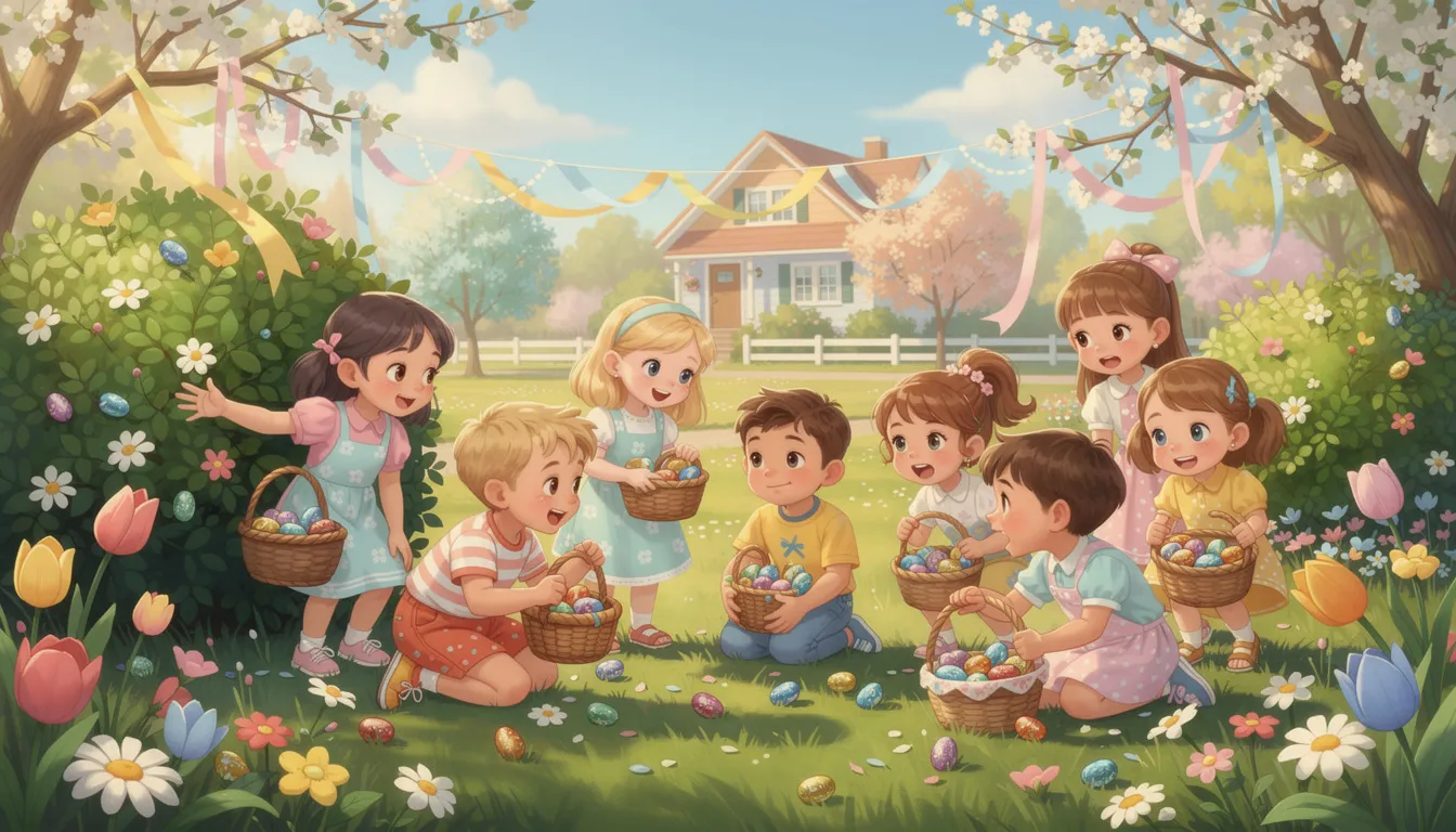 Na obrazku widzimy dzieci radośnie poszukujące czekoladowych jajek wielkanocnych w kolorowym, wiosennym ogrodzie, pełnym kwiatów i zieleni. To świetny sposób na spędzenie czasu podczas świąt, a słodkie przekąski w postaci czekoladowych jajek i zajączków na pewno sprawią im radość.