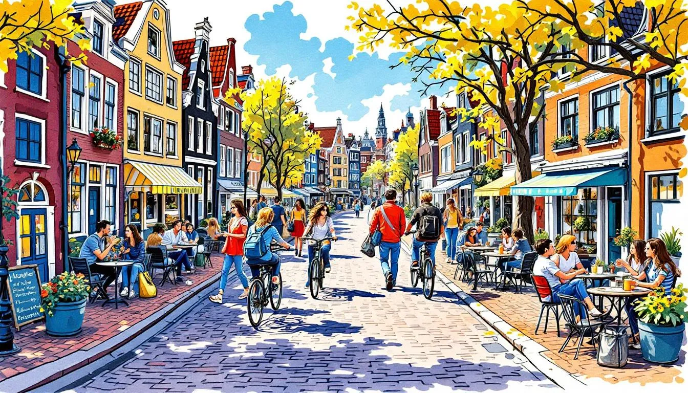 A vibrant street scene in Amsterdam showcasing local culture with many locals enjoying the day.