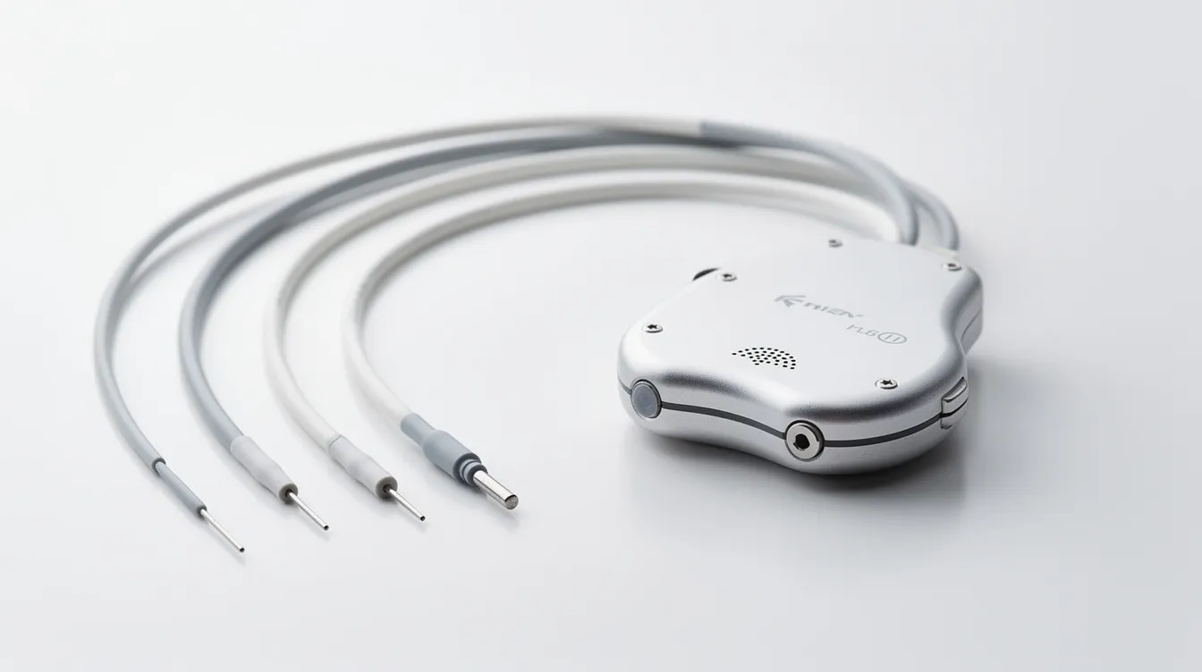 The image shows a small pacemaker-like medical device alongside thin flexible wires on a clean white surface, representing components of a spinal cord stimulator system designed for pain relief in patients suffering from chronic pain conditions. This device is used in spinal cord stimulation procedures to help manage pain signals and improve patient satisfaction.