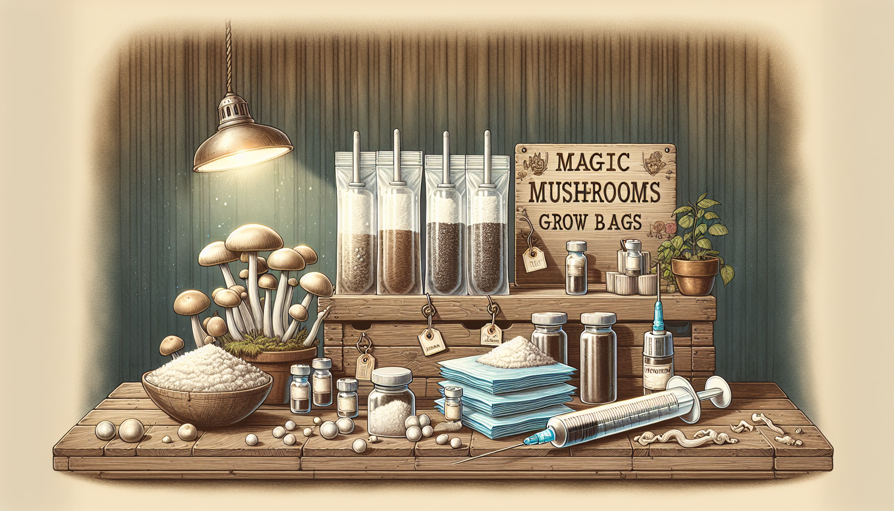 A visual representation of essential supplies for growing magic mushrooms, including grow bags and spore syringes.