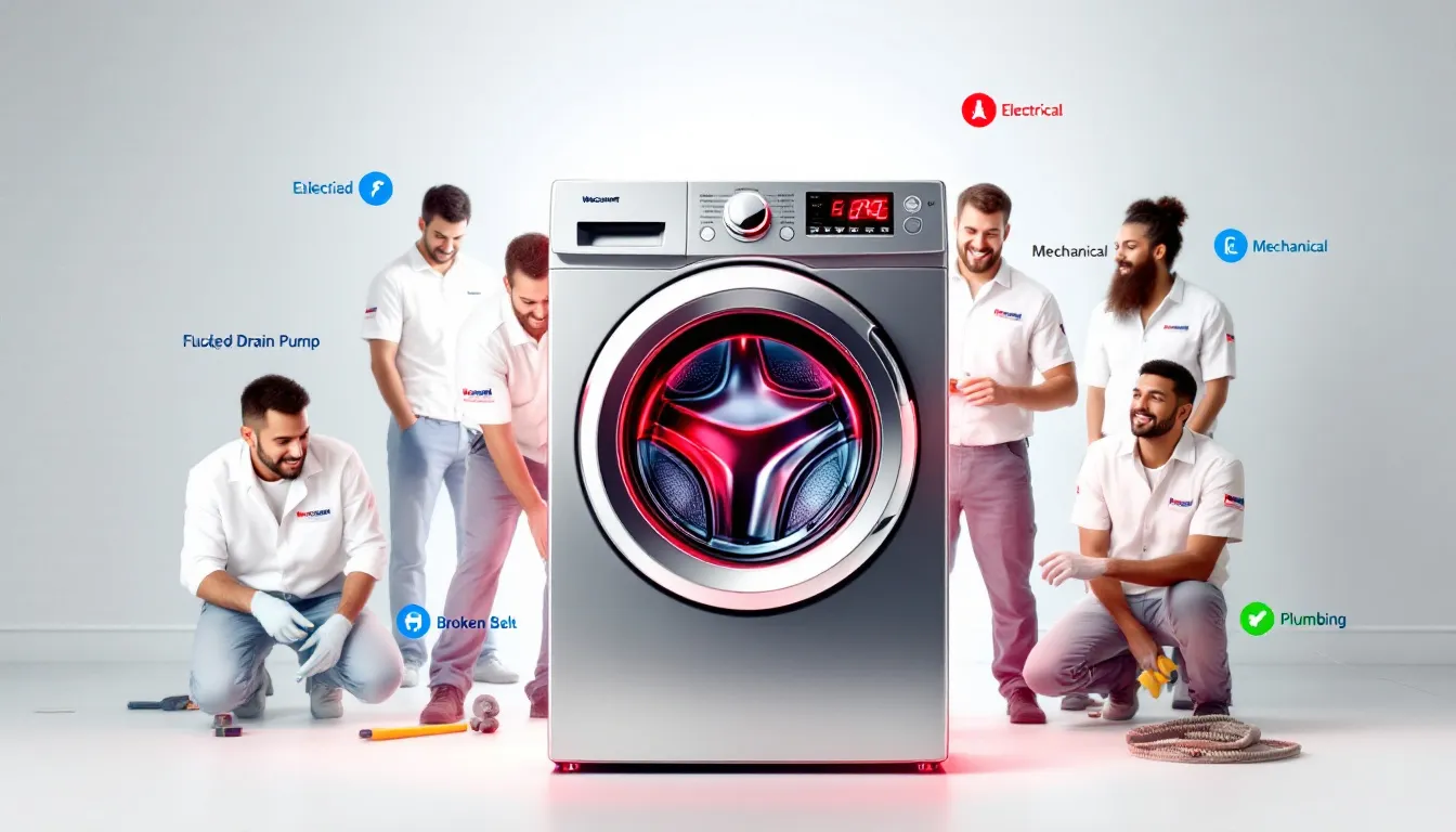 Common issues with Wascomat washing machines being addressed by technicians.