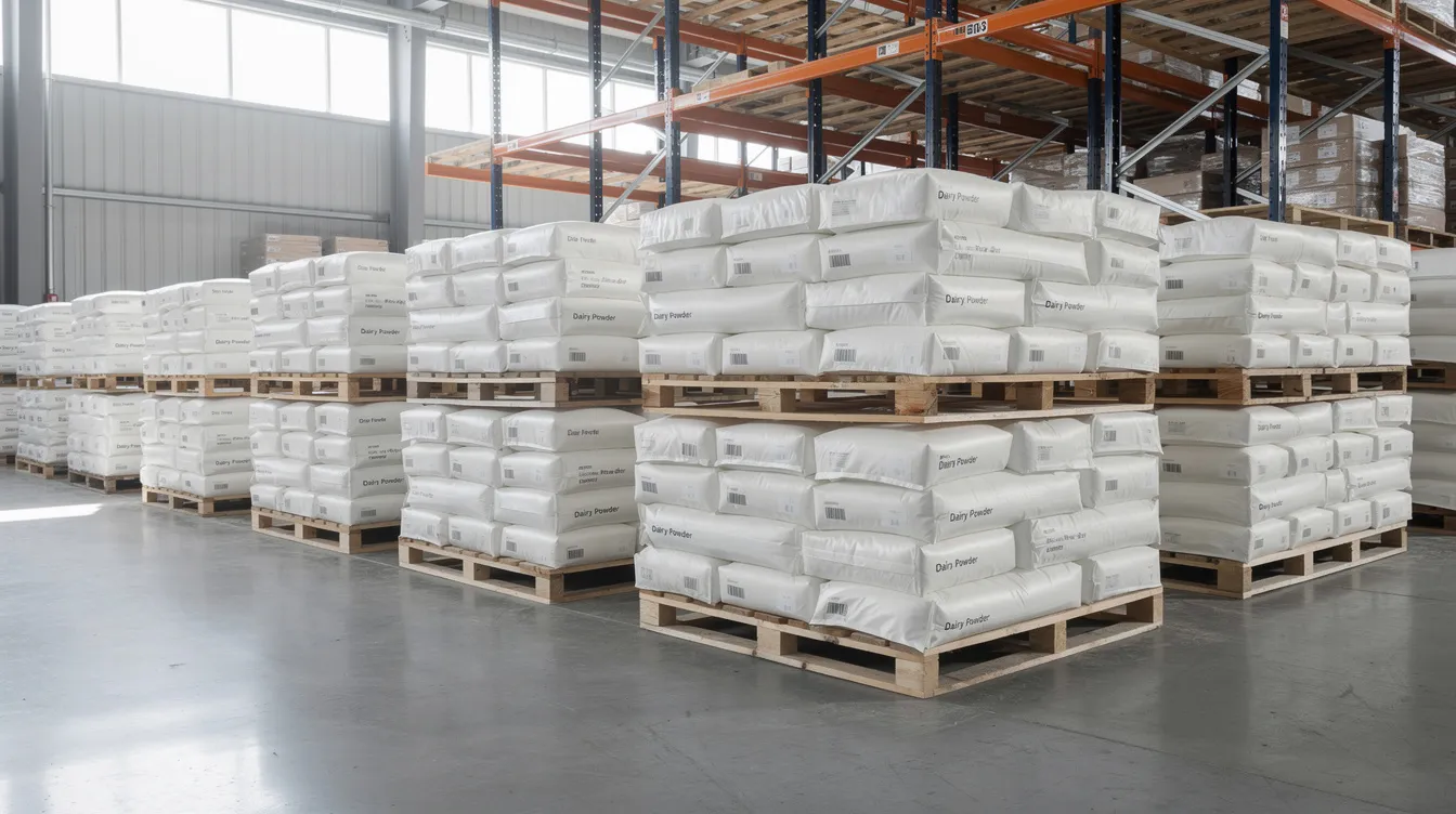 d6a54455 33af 4f62 9fd2 04e2469572c6 The image depicts the interior of a milk powder manufacturing plant, showcasing neatly stacked bags of skimmed milk powder and whole milk powder on pallets. This organized warehouse reflects the efficient operations of the dairy processing industry, emphasizing quality control and effective inventory management.