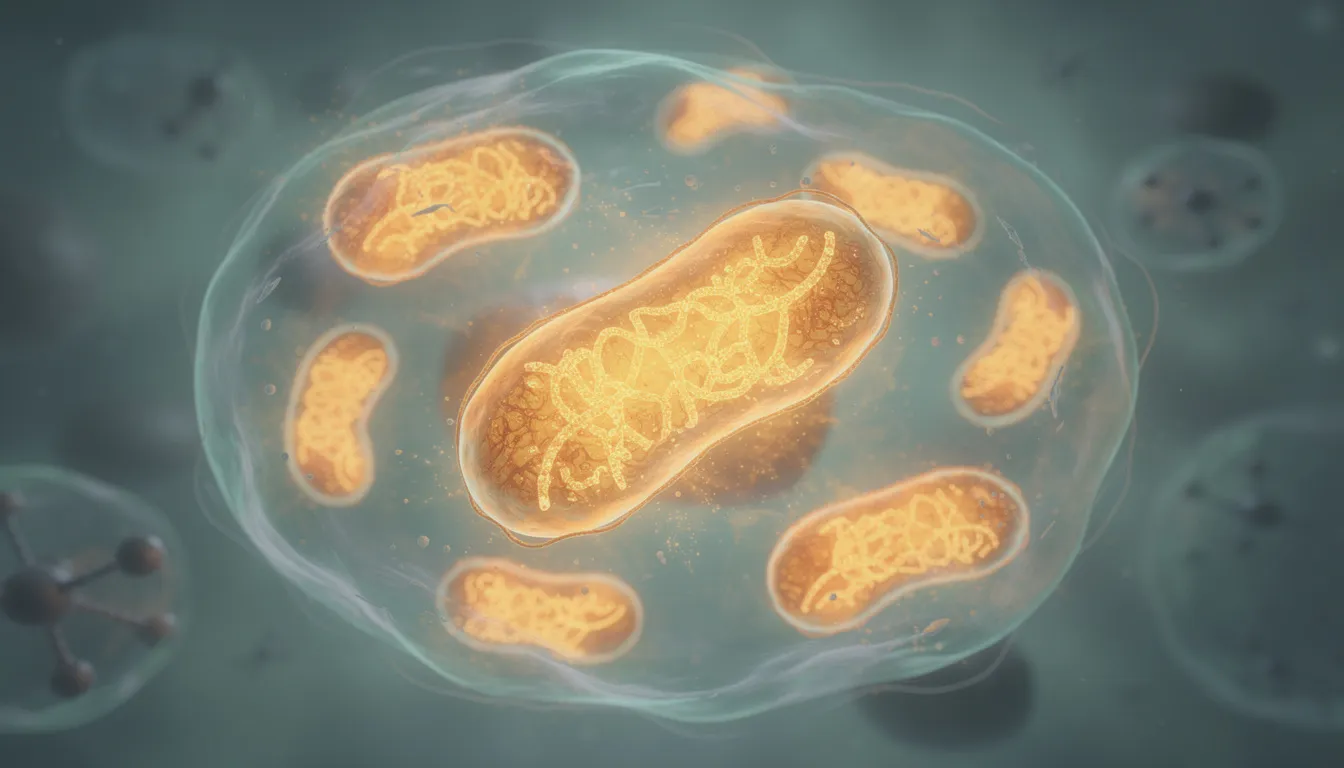 The image depicts vibrant, glowing mitochondria within a cell, symbolizing the crucial role of cellular energy production. This representation highlights the importance of metabolic health and the potential benefits of nicotinamide mononucleotide (NMN) supplementation for promoting healthy aging and longevity.