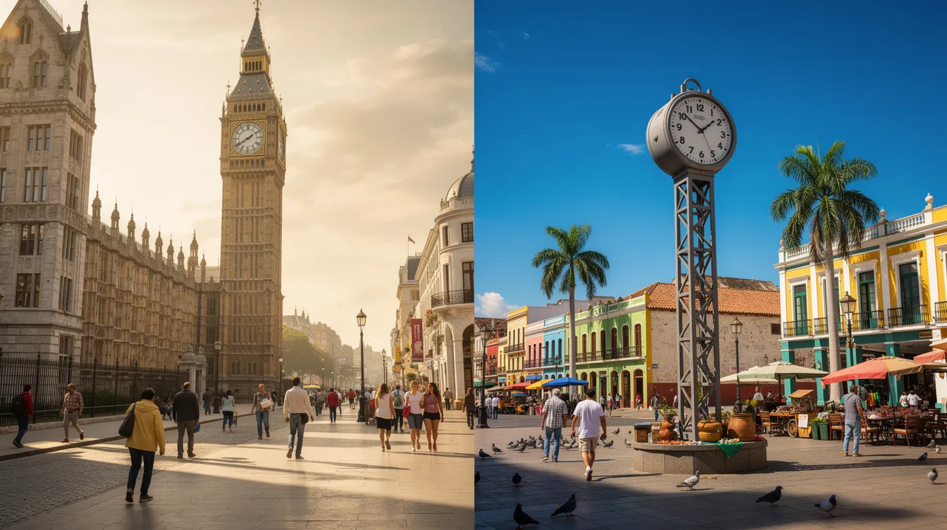 The image features a clock tower in London bathed in warm afternoon light, alongside a second clock displaying a different time in a sunny plaza in Lima, Peru. This contrast highlights the time difference between the UK and Peru, emphasizing the importance of time in various countries.
