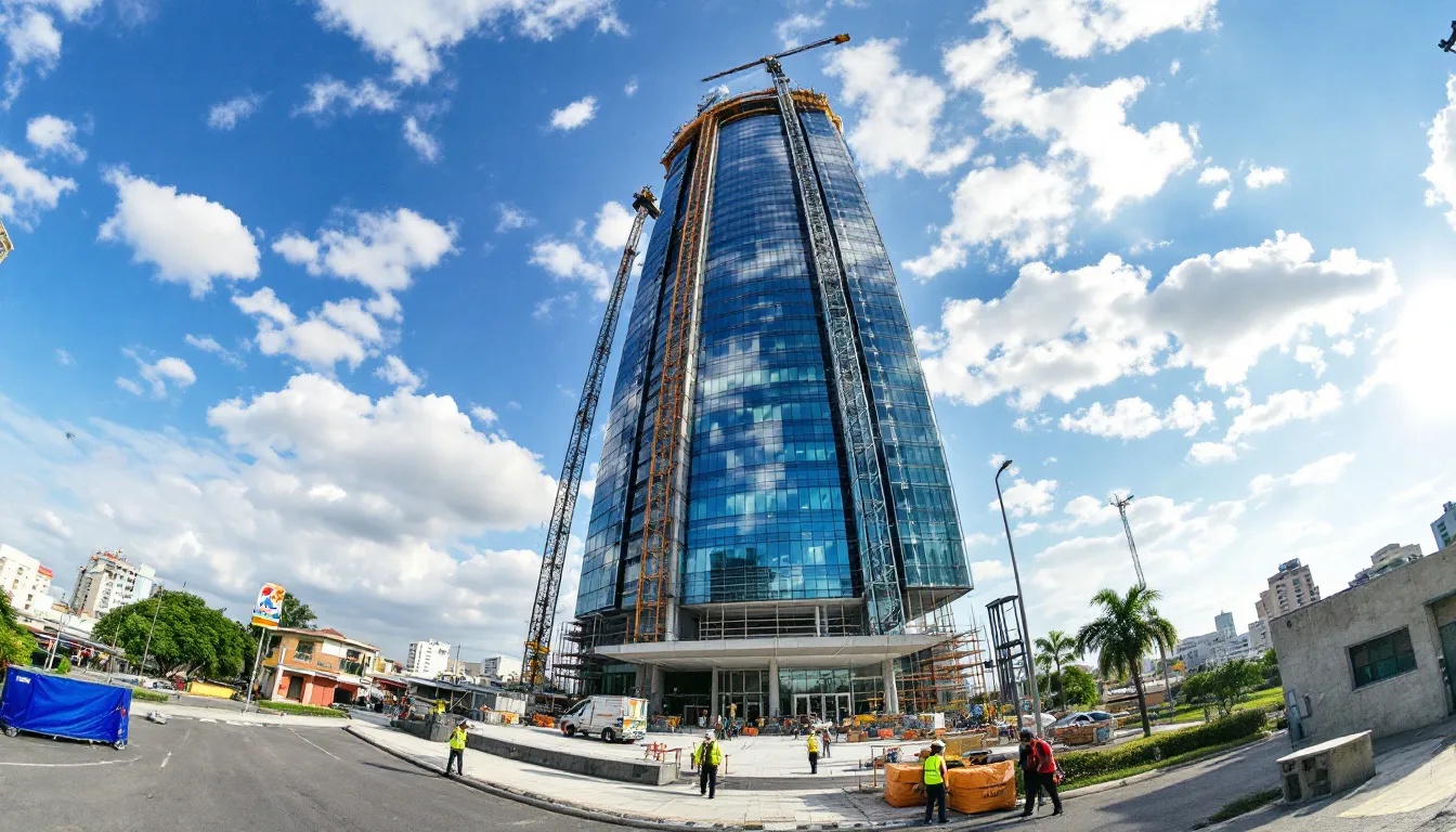 Uma vista panorâmica de um arranha-céu em construção no interior do Brasil, destacando a arquitetura moderna e a altura impressionante do edifício, que promete ser um dos prédios mais altos da região. O cenário reflete o crescimento urbano e os novos empreendimentos que estão surgindo, contribuindo para o desenvolvimento das cidades brasileiras.