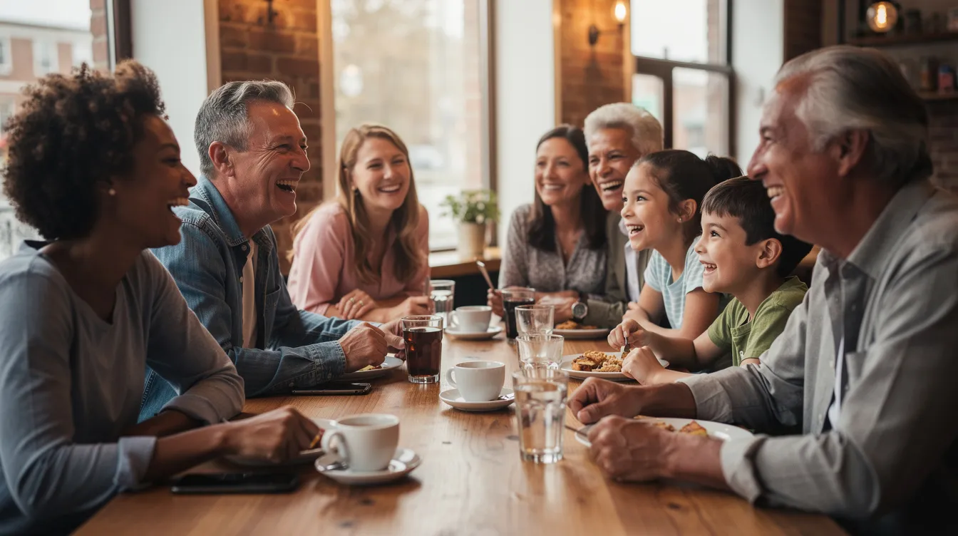 Eine diverse Gruppe von Menschen unterschiedlichen Alters und Herkunft sitzt gemeinsam an einem langen Tisch und lacht, was die Bedeutung von Inklusion und Teilhabe in der Gesellschaft verdeutlicht. Diese Szene zeigt, wie wichtig die Einbeziehung aller Menschen, unabhängig von ihren Fähigkeiten oder Hintergründen, für ein harmonisches Miteinander ist.
