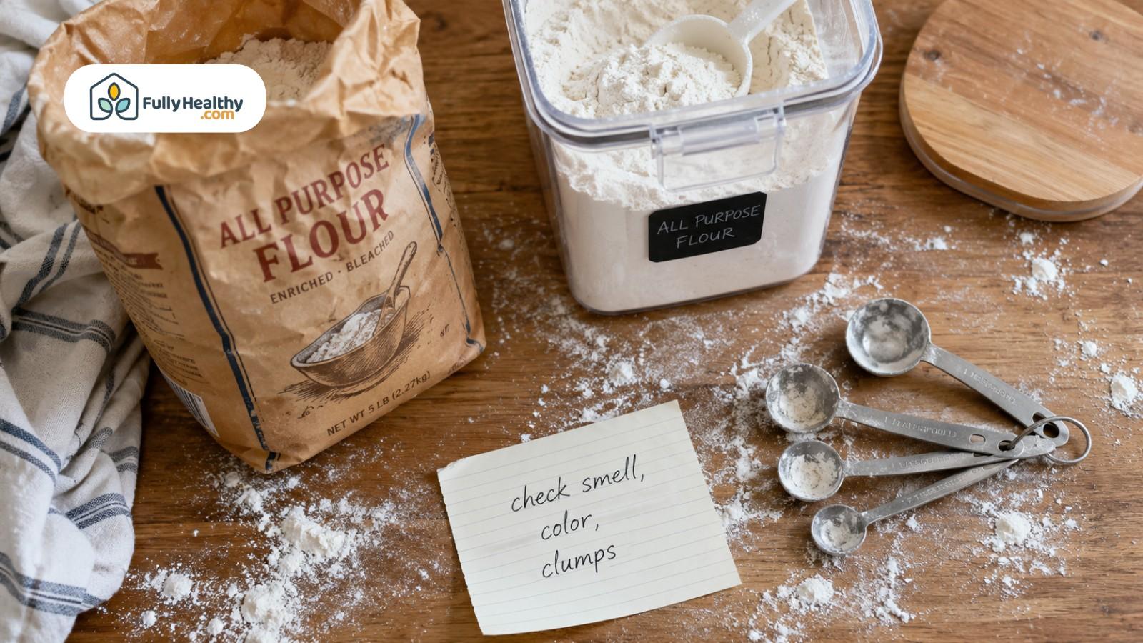All-purpose flour bag beside storage container, measuring spoons, and freshness checklist