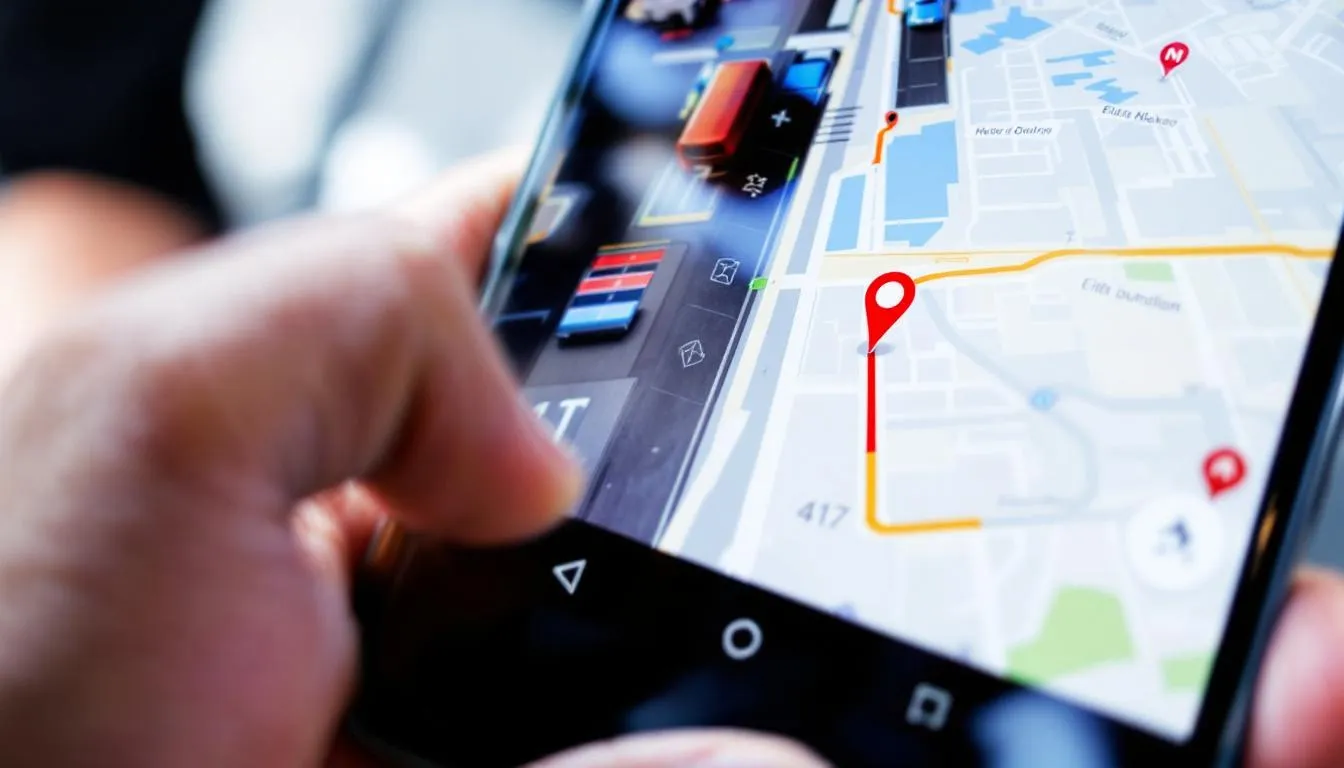 A mobile phone screen displays an interactive map featuring navigation controls, showcasing customizable maps created using the Mapbox Maps SDK. The map includes markers for locations and allows users to zoom in and out to view traffic conditions and routes, enhancing their navigation experience.