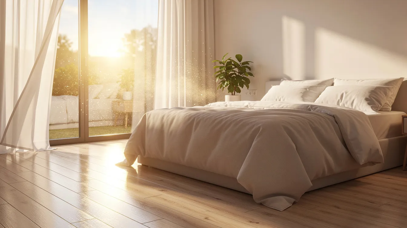 The image depicts bright morning sunlight pouring through large bedroom windows, illuminating a serene sleeping environment that promotes good sleep hygiene. This inviting scene can help combat common sleep disorders like insomnia and excessive daytime sleepiness by encouraging a healthy sleep-wake cycle.