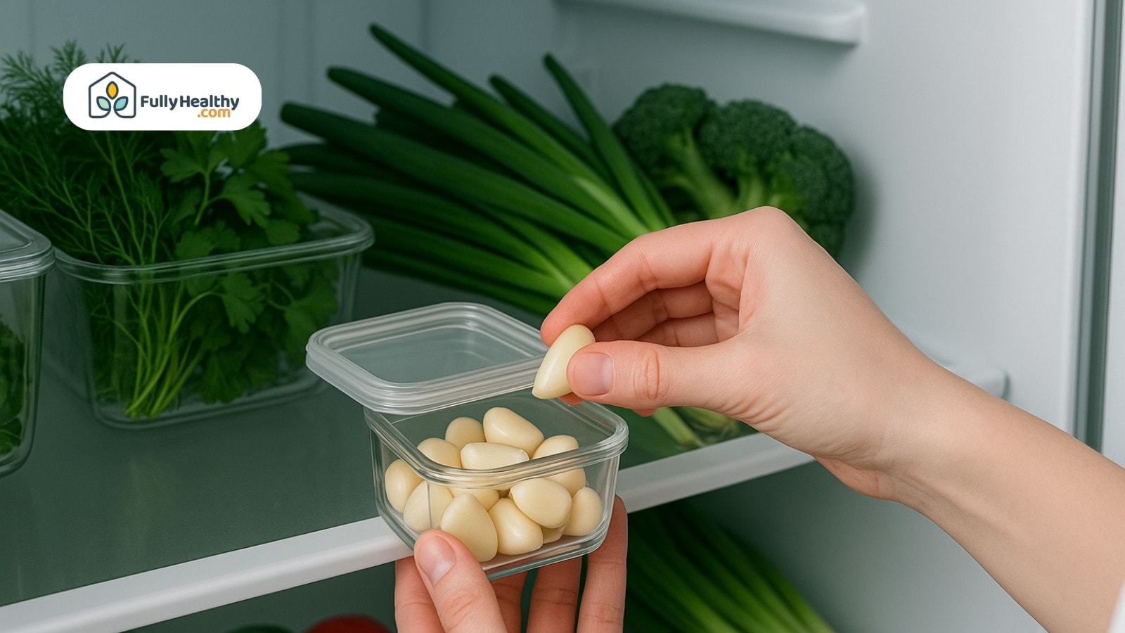 Hand storing peeled garlic cloves in clear container inside refrigerator