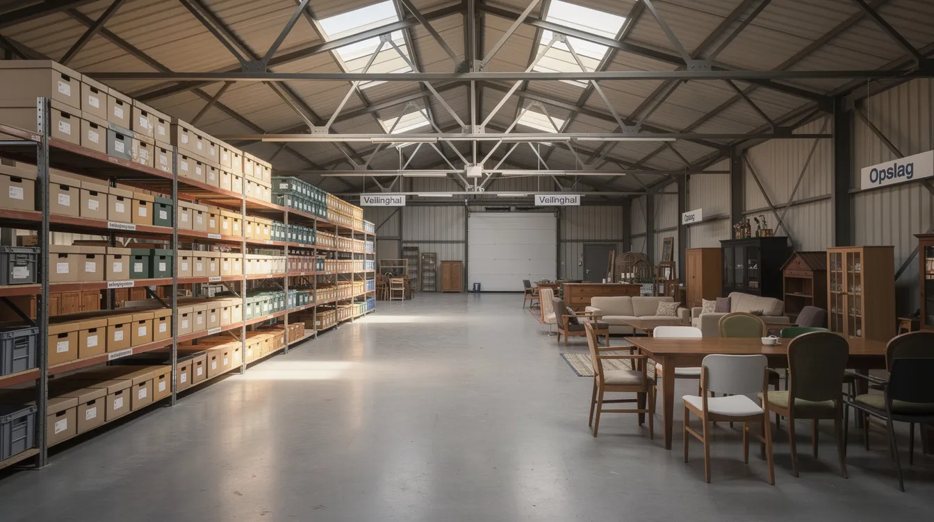 Een veilinghal vol met opslagdozen en meubels, waar verschillende items klaarstaan voor verkoop. Deze setting herinnert aan het populaire programma "Storage Wars", waarin veilingmeesters zoals Dave Hester en Brandi Passante strijden om waardevolle spullen te ontdekken.