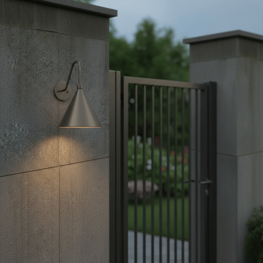 Modern cone-shaped barn light mounted on a concrete wall, lighting a gate entrance at dusk.