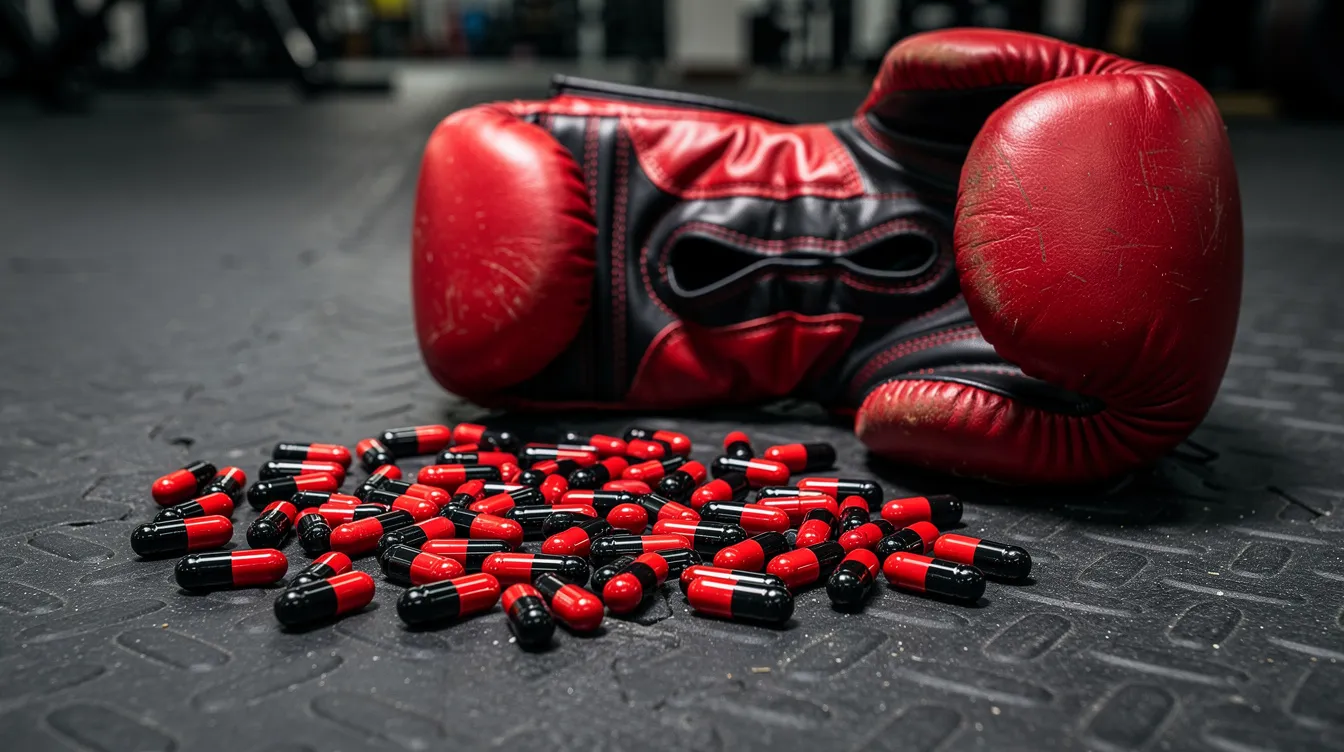 The image features red and black supplement capsules, which are known for their fat burning properties, placed next to a pair of boxing gloves on a gym mat, highlighting the connection between fitness and weight loss. This scene suggests a focus on energy production and preserving lean muscle mass for those on a weight loss journey.