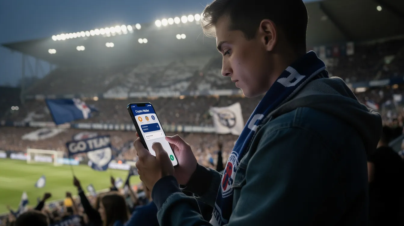 A person is intently checking their crypto wallet on a smartphone, preparing to place bets on an upcoming football match. This scene highlights the intersection of sports betting and cryptocurrency, showcasing the growing trend of crypto sports betting among enthusiasts.