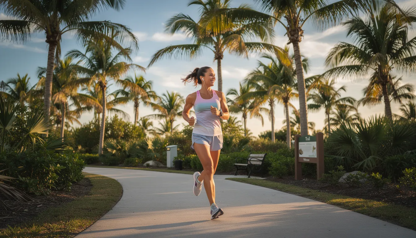 A woman jogs comfortably along a sunny trail in Florida, surrounded by palm trees, enjoying the physical activity and the warm weather. This scene highlights the importance of well-being and confidence, which can be enhanced through procedures like breast reduction surgery for those dealing with discomfort from overly large breasts.