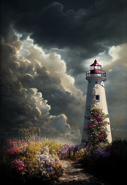 lighthouse, coast, cloudy digital art