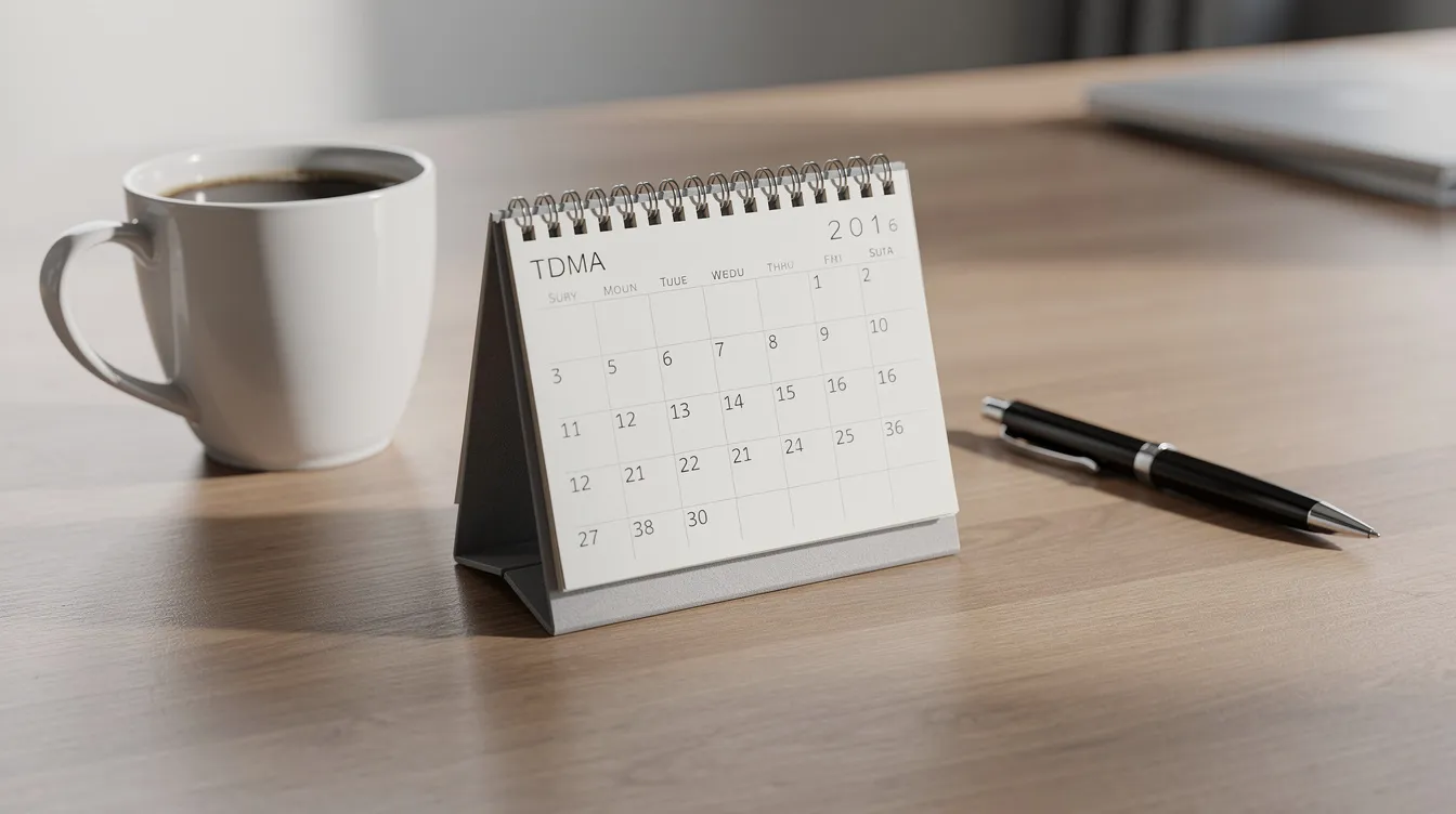 The image features a calendar on a wooden desk, accompanied by a pen and a coffee mug, creating a cozy workspace atmosphere. This setup is ideal for planning financial matters, such as managing loans or tracking repayment schedules.