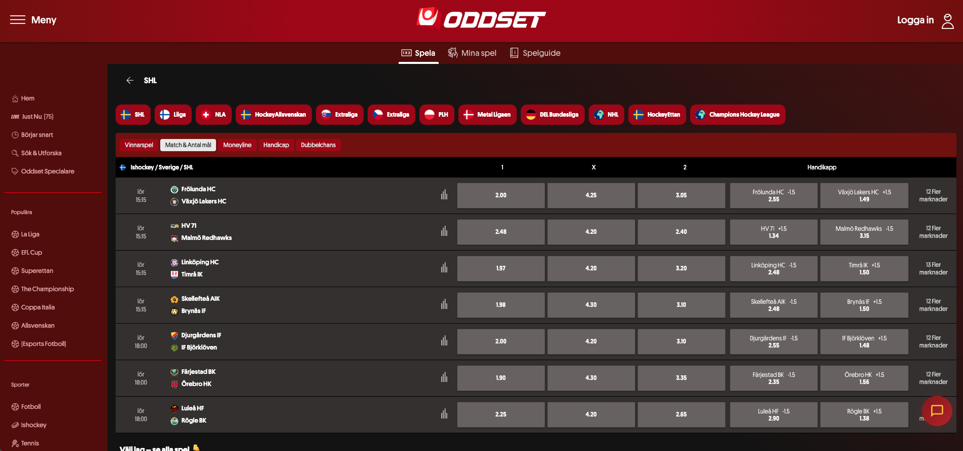svenska spel oddset SHL betting