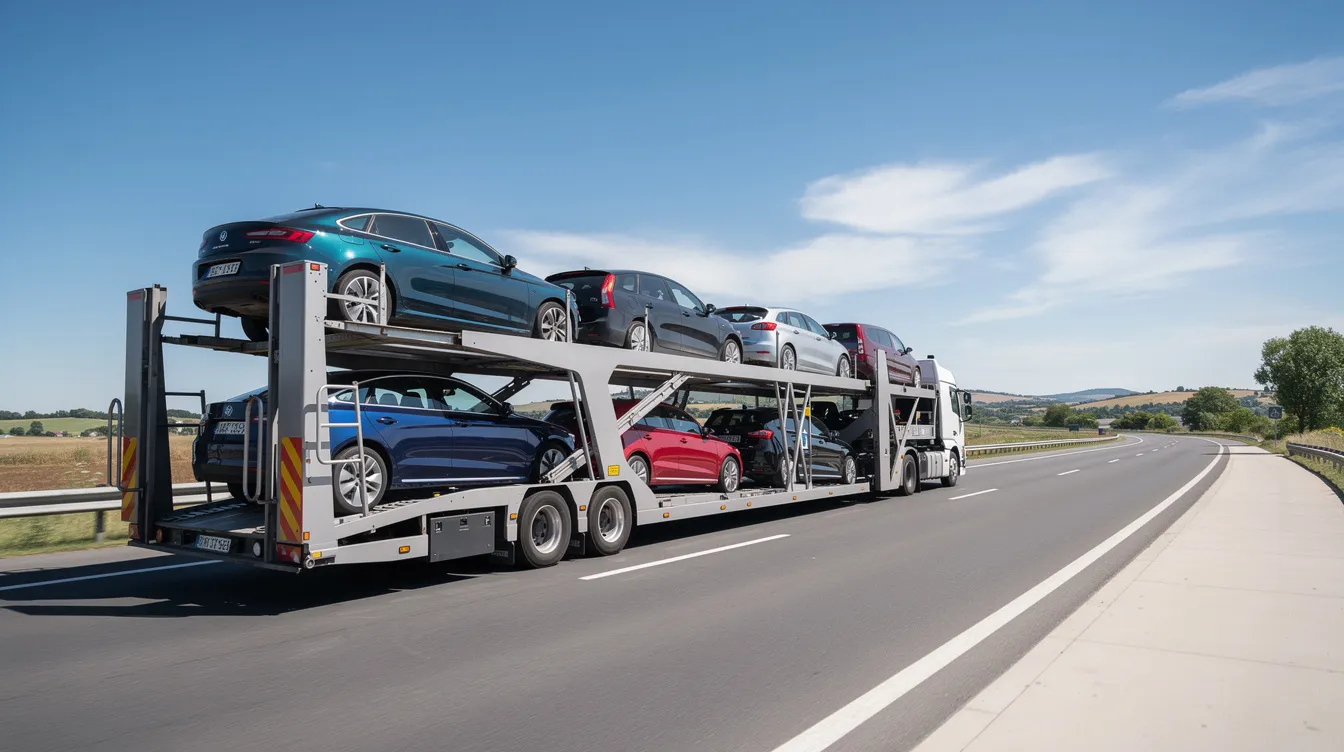 A car carrier truck is driving on a clear highway, loaded with various vehicles, showcasing the efficient services of auto transport companies. This image highlights the importance of reliable car shipping and vehicle transport options for safe and secure car shipping.