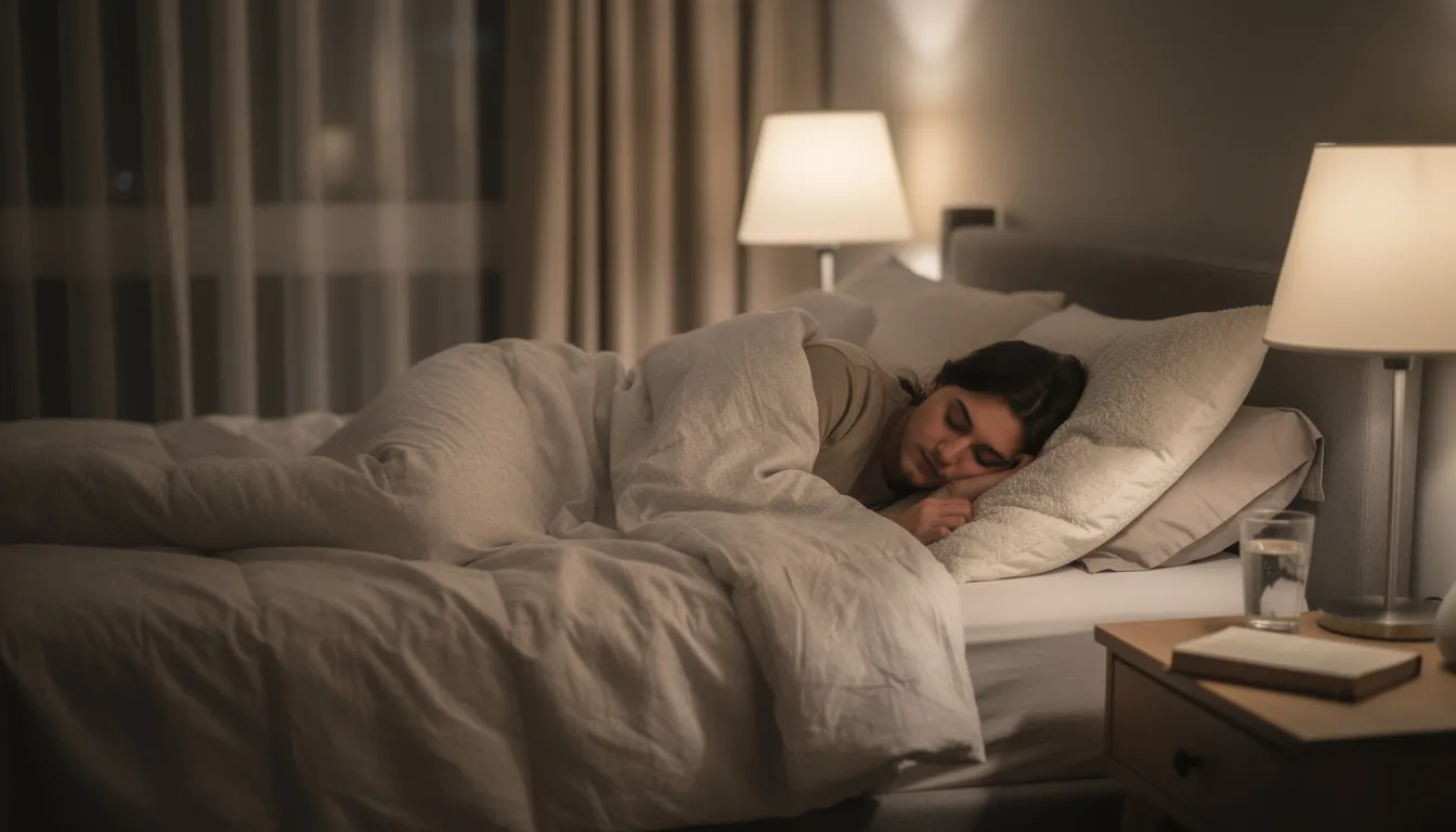 The image depicts a person sleeping peacefully in a cozy bedroom, surrounded by soft bedding and calming decor, which promotes a sense of tranquility and rest. This serene environment reflects the body's natural healing and regeneration processes, similar to how stem cells contribute to cell regeneration and tissue repair in various biological processes.