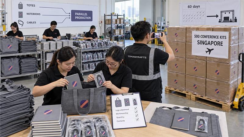TOMASCRAFTS inspecting and packing 500 tote, notebook, and charging cable conference kits for Singapore