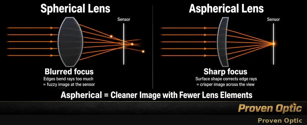 The image shows the refraction differences between a Spherical Lens and a Aspherical Lens.